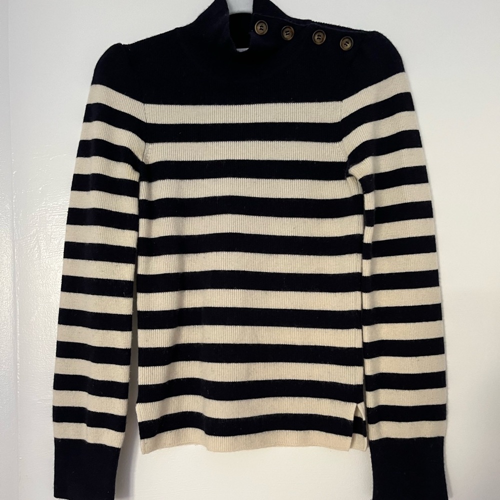 G. Label goop cashmere wool striped navy beige sweater puff sleeve button neck